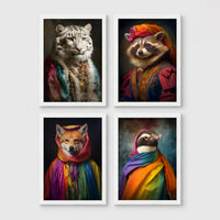 Set of 4 framed prints, animals in rainbow bohemian robes: a white tiger draped in colourful robes and jewellery; a raccoon in a turban and rainbow robe; a fox wrapped in a rainbow headscarf; and a penguin wrapped in a rainbow scarf — unframed