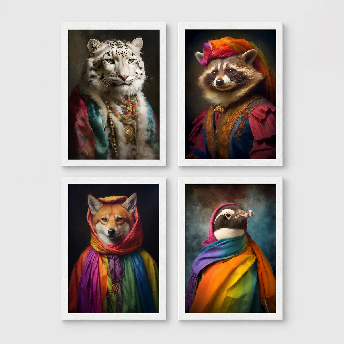 Set of 4 framed prints, animals in rainbow bohemian robes: a white tiger draped in colourful robes and jewellery; a raccoon in a turban and rainbow robe; a fox wrapped in a rainbow headscarf; and a penguin wrapped in a rainbow scarf — unframed