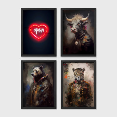 Set of 4 framed prints, painterly animal portraits and a neon sign print: a neon "open" heart sign; a bull in a painterly portrait; a bear in a painterly military-style jacket; and a leopard in a painterly military-style jacket — unframed