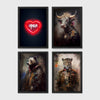 Set of 4 framed prints, painterly animal portraits and a neon sign print: a neon "open" heart sign; a bull in a painterly portrait; a bear in a painterly military-style jacket; and a leopard in a painterly military-style jacket — unframed