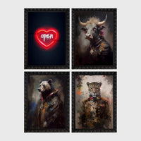 Set of 4 framed prints, painterly animal portraits and a neon sign print: a neon "open" heart sign; a bull in a painterly portrait; a bear in a painterly military-style jacket; and a leopard in a painterly military-style jacket — unframed