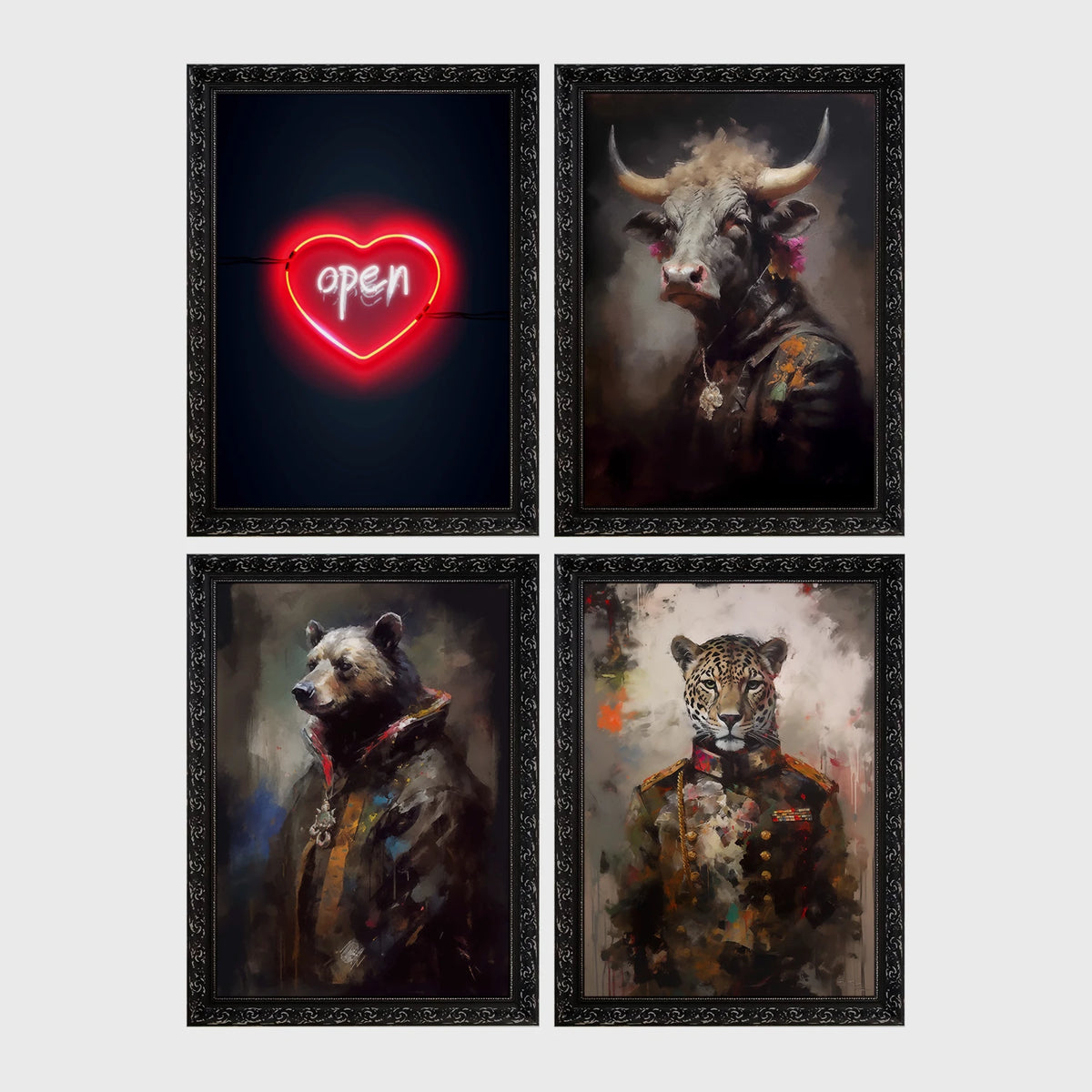 Set of 4 framed prints, painterly animal portraits and a neon sign print: a neon "open" heart sign; a bull in a painterly portrait; a bear in a painterly military-style jacket; and a leopard in a painterly military-style jacket — unframed