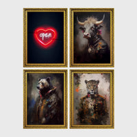 Set of 4 framed prints, painterly animal portraits and a neon sign print: a neon "open" heart sign; a bull in a painterly portrait; a bear in a painterly military-style jacket; and a leopard in a painterly military-style jacket — unframed