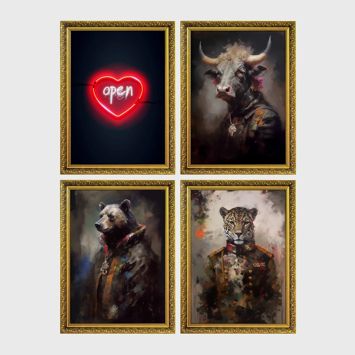 Set of 4 framed prints, painterly animal portraits and a neon sign print: a neon "open" heart sign; a bull in a painterly portrait; a bear in a painterly military-style jacket; and a leopard in a painterly military-style jacket — unframed