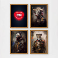 Set of 4 framed prints, painterly animal portraits and a neon sign print: a neon "open" heart sign; a bull in a painterly portrait; a bear in a painterly military-style jacket; and a leopard in a painterly military-style jacket — unframed