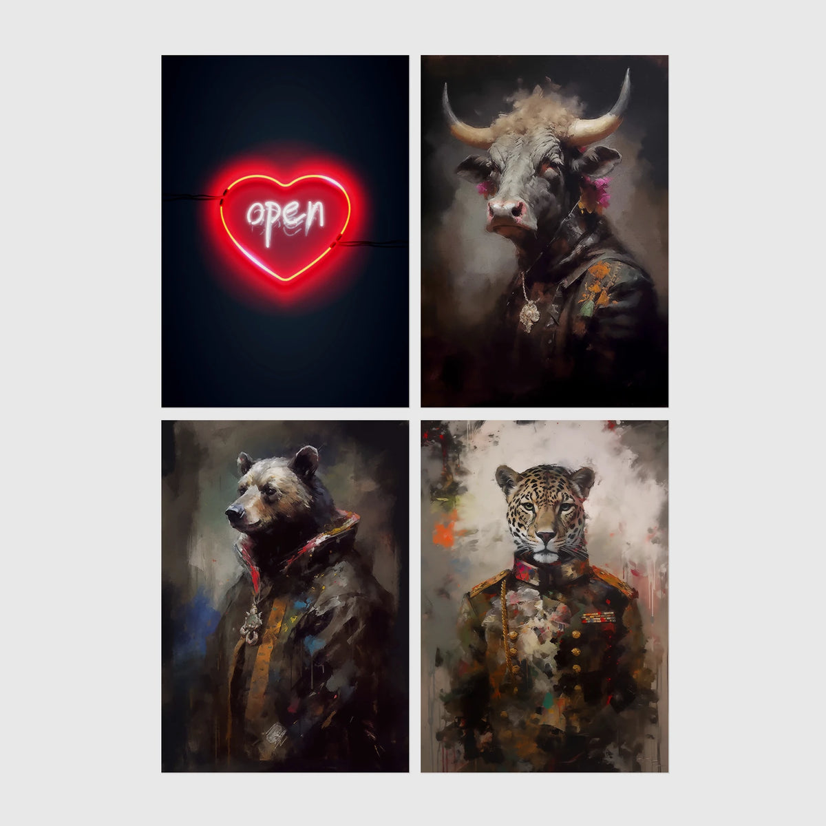 Set of 4 framed prints, painterly animal portraits and a neon sign print: a neon "open" heart sign; a bull in a painterly portrait; a bear in a painterly military-style jacket; and a leopard in a painterly military-style jacket — unframed