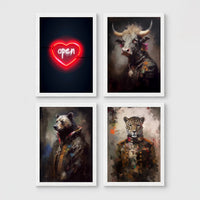 Set of 4 framed prints, painterly animal portraits and a neon sign print: a neon "open" heart sign; a bull in a painterly portrait; a bear in a painterly military-style jacket; and a leopard in a painterly military-style jacket — unframed