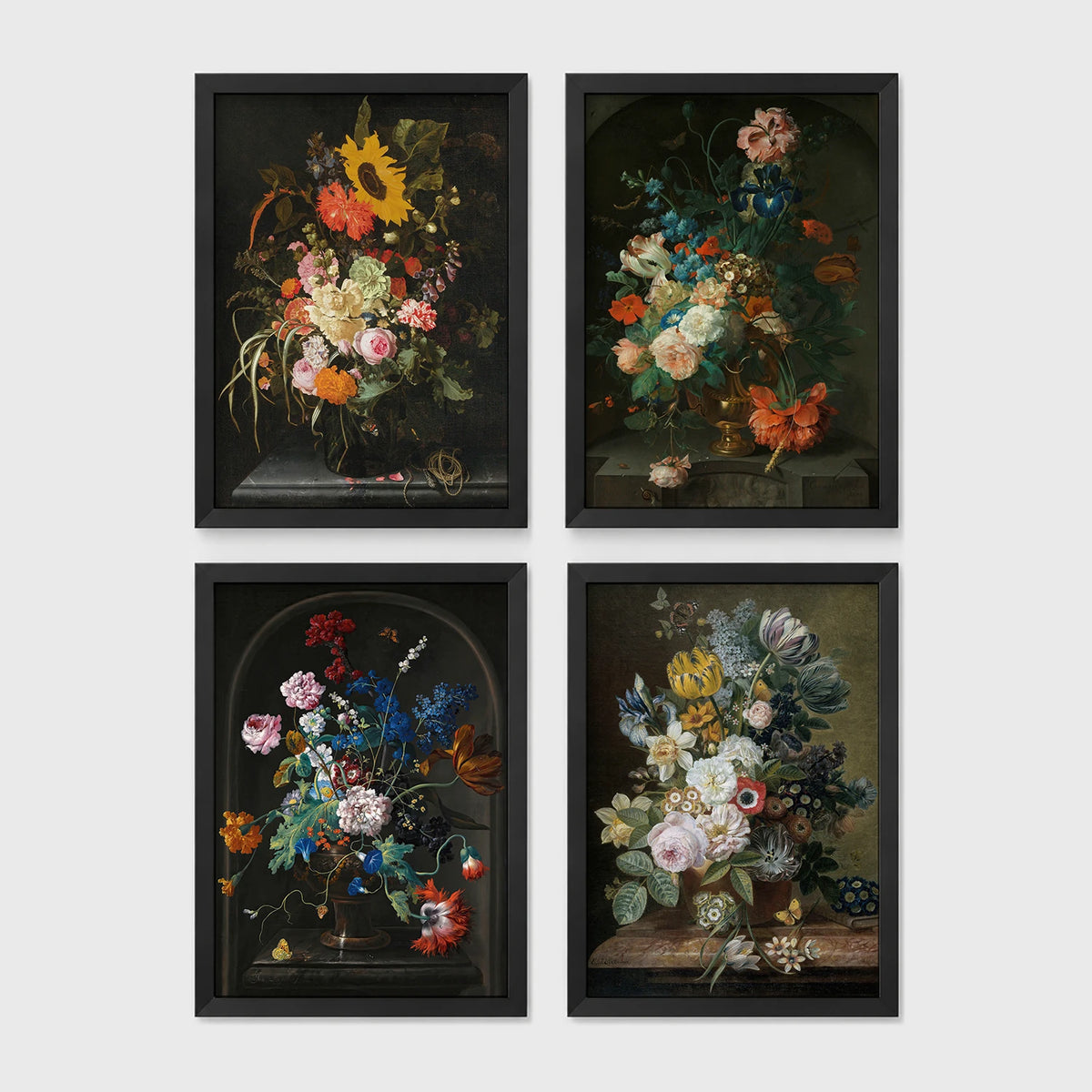 Set of 4 framed prints, classic Dutch-style floral still life paintings: a bouquet with sunflowers and roses against a dark background; flowers in an urn set in a stone alcove; flowers in a pot set in a stone alcove; and a floral arrangement on a wooden ledge — unframed