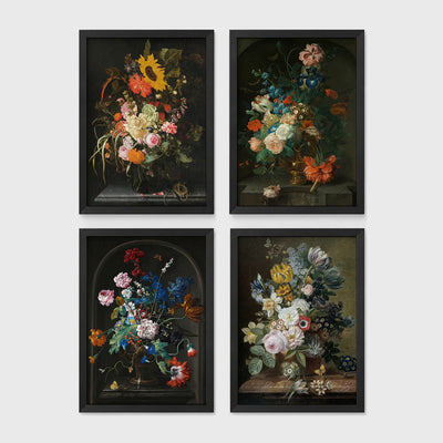 Set of 4 framed prints, classic Dutch-style floral still life paintings: a bouquet with sunflowers and roses against a dark background; flowers in an urn set in a stone alcove; flowers in a pot set in a stone alcove; and a floral arrangement on a wooden ledge — unframed