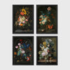 Set of 4 framed prints, classic Dutch-style floral still life paintings: a bouquet with sunflowers and roses against a dark background; flowers in an urn set in a stone alcove; flowers in a pot set in a stone alcove; and a floral arrangement on a wooden ledge — unframed
