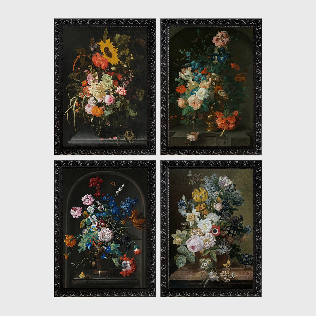 Set of 4 framed prints, classic Dutch-style floral still life paintings: a bouquet with sunflowers and roses against a dark background; flowers in an urn set in a stone alcove; flowers in a pot set in a stone alcove; and a floral arrangement on a wooden ledge — unframed