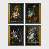 Set of 4 framed prints, classic Dutch-style floral still life paintings: a bouquet with sunflowers and roses against a dark background; flowers in an urn set in a stone alcove; flowers in a pot set in a stone alcove; and a floral arrangement on a wooden ledge — unframed
