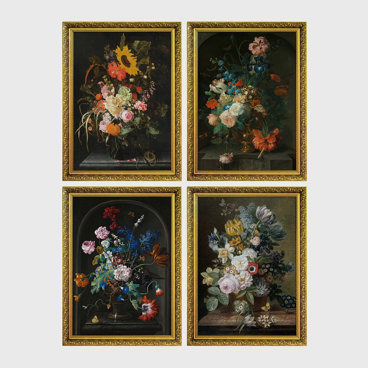 Set of 4 framed prints, classic Dutch-style floral still life paintings: a bouquet with sunflowers and roses against a dark background; flowers in an urn set in a stone alcove; flowers in a pot set in a stone alcove; and a floral arrangement on a wooden ledge — unframed