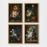 Set of 4 framed prints, classic Dutch-style floral still life paintings: a bouquet with sunflowers and roses against a dark background; flowers in an urn set in a stone alcove; flowers in a pot set in a stone alcove; and a floral arrangement on a wooden ledge — unframed