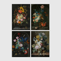 Set of 4 framed prints, classic Dutch-style floral still life paintings: a bouquet with sunflowers and roses against a dark background; flowers in an urn set in a stone alcove; flowers in a pot set in a stone alcove; and a floral arrangement on a wooden ledge — unframed