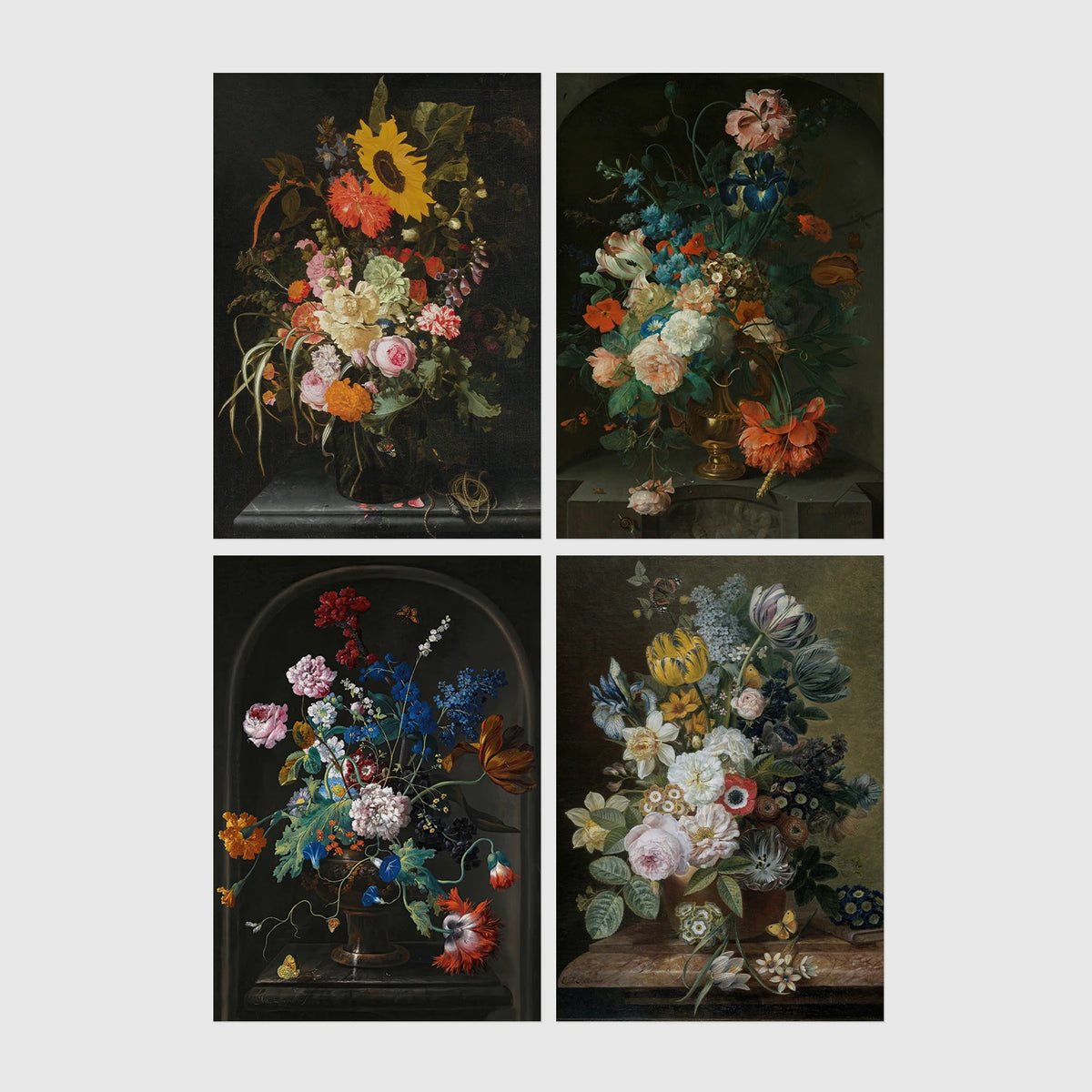 Set of 4 framed prints, classic Dutch-style floral still life paintings: a bouquet with sunflowers and roses against a dark background; flowers in an urn set in a stone alcove; flowers in a pot set in a stone alcove; and a floral arrangement on a wooden ledge — unframed