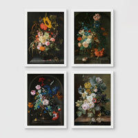 Set of 4 framed prints, classic Dutch-style floral still life paintings: a bouquet with sunflowers and roses against a dark background; flowers in an urn set in a stone alcove; flowers in a pot set in a stone alcove; and a floral arrangement on a wooden ledge — unframed