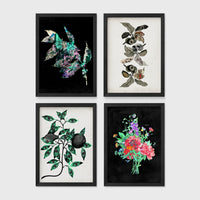 Set of 4 framed prints, flower market pattern prints: a "London Flower Market, New Covent Garden" pink floral pattern; a "The New London Flower Market, Covent Garden" red floral pattern; a "Tokyo Flower Market" green floral pattern; and a "Madrid Flower Market" blue floral pattern — unframed
