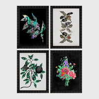 Set of 4 framed prints, flower market pattern prints: a "London Flower Market, New Covent Garden" pink floral pattern; a "The New London Flower Market, Covent Garden" red floral pattern; a "Tokyo Flower Market" green floral pattern; and a "Madrid Flower Market" blue floral pattern — unframed