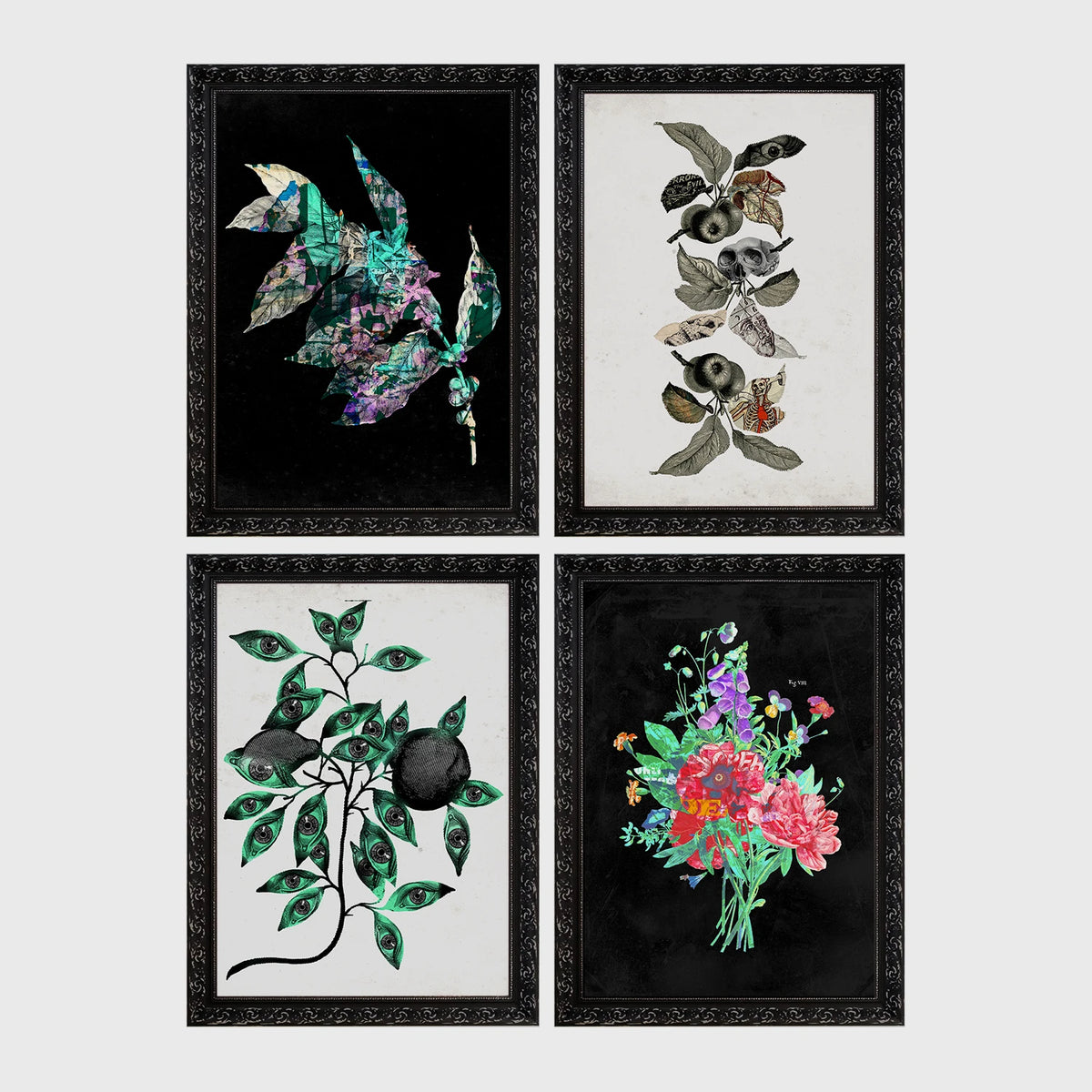 Set of 4 framed prints, flower market pattern prints: a "London Flower Market, New Covent Garden" pink floral pattern; a "The New London Flower Market, Covent Garden" red floral pattern; a "Tokyo Flower Market" green floral pattern; and a "Madrid Flower Market" blue floral pattern — unframed