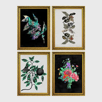 Set of 4 framed prints, flower market pattern prints: a "London Flower Market, New Covent Garden" pink floral pattern; a "The New London Flower Market, Covent Garden" red floral pattern; a "Tokyo Flower Market" green floral pattern; and a "Madrid Flower Market" blue floral pattern — unframed