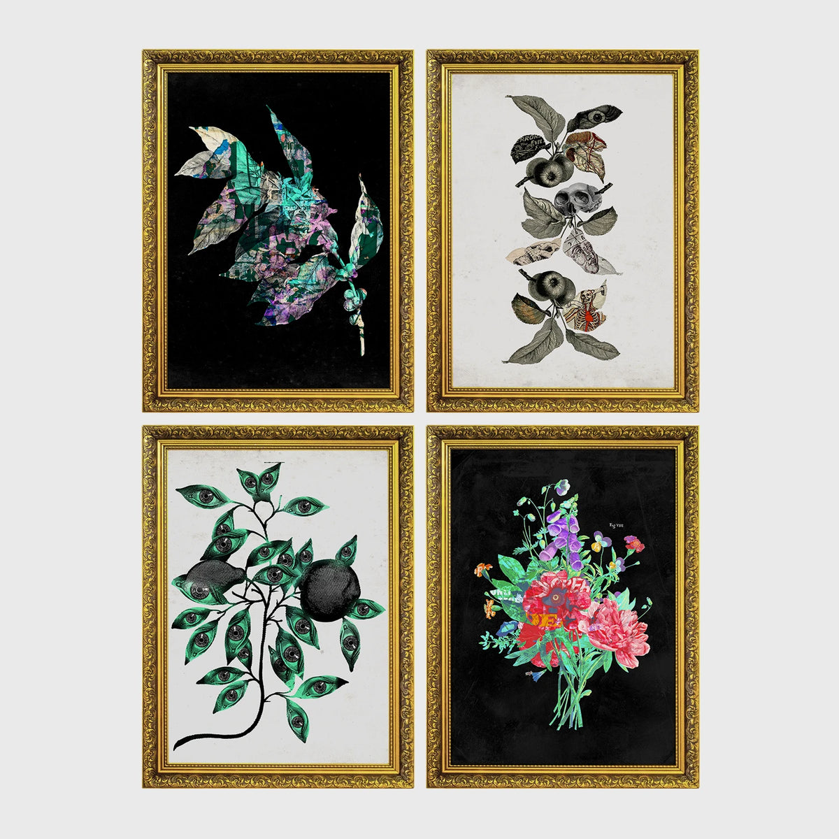 Set of 4 framed prints, flower market pattern prints: a "London Flower Market, New Covent Garden" pink floral pattern; a "The New London Flower Market, Covent Garden" red floral pattern; a "Tokyo Flower Market" green floral pattern; and a "Madrid Flower Market" blue floral pattern — unframed