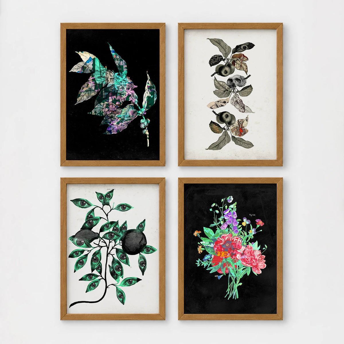 Set of 4 framed prints, flower market pattern prints: a "London Flower Market, New Covent Garden" pink floral pattern; a "The New London Flower Market, Covent Garden" red floral pattern; a "Tokyo Flower Market" green floral pattern; and a "Madrid Flower Market" blue floral pattern — unframed