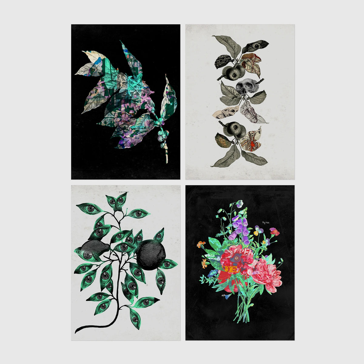 Set of 4 framed prints, flower market pattern prints: a "London Flower Market, New Covent Garden" pink floral pattern; a "The New London Flower Market, Covent Garden" red floral pattern; a "Tokyo Flower Market" green floral pattern; and a "Madrid Flower Market" blue floral pattern — unframed