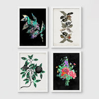 Set of 4 framed prints, flower market pattern prints: a "London Flower Market, New Covent Garden" pink floral pattern; a "The New London Flower Market, Covent Garden" red floral pattern; a "Tokyo Flower Market" green floral pattern; and a "Madrid Flower Market" blue floral pattern — unframed