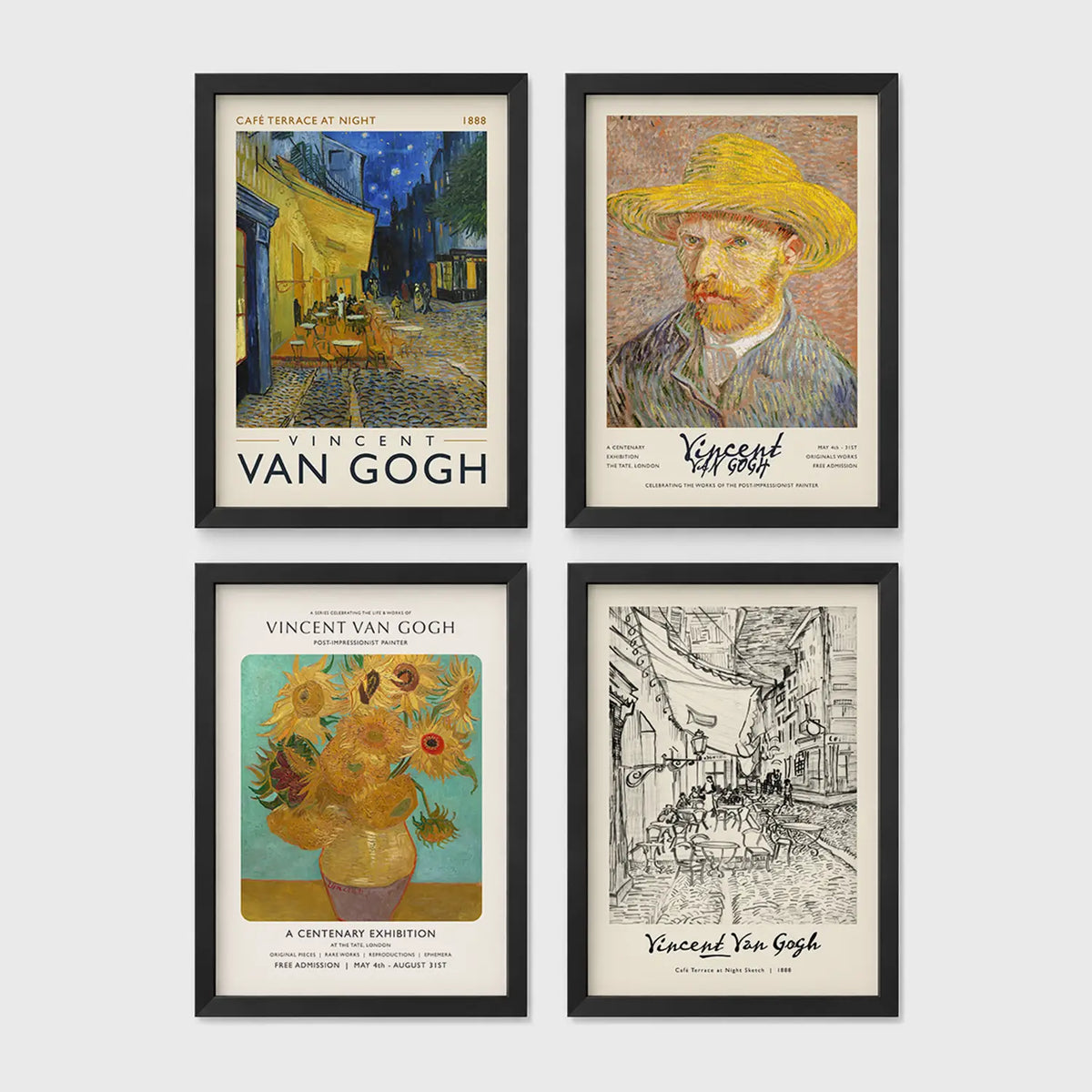 Set of 4 framed prints, Vincent van Gogh painting reproductions — unframed