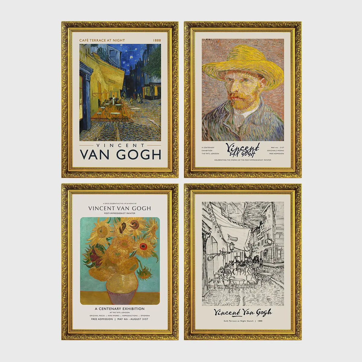 Set of 4 framed prints, Vincent van Gogh painting reproductions — unframed