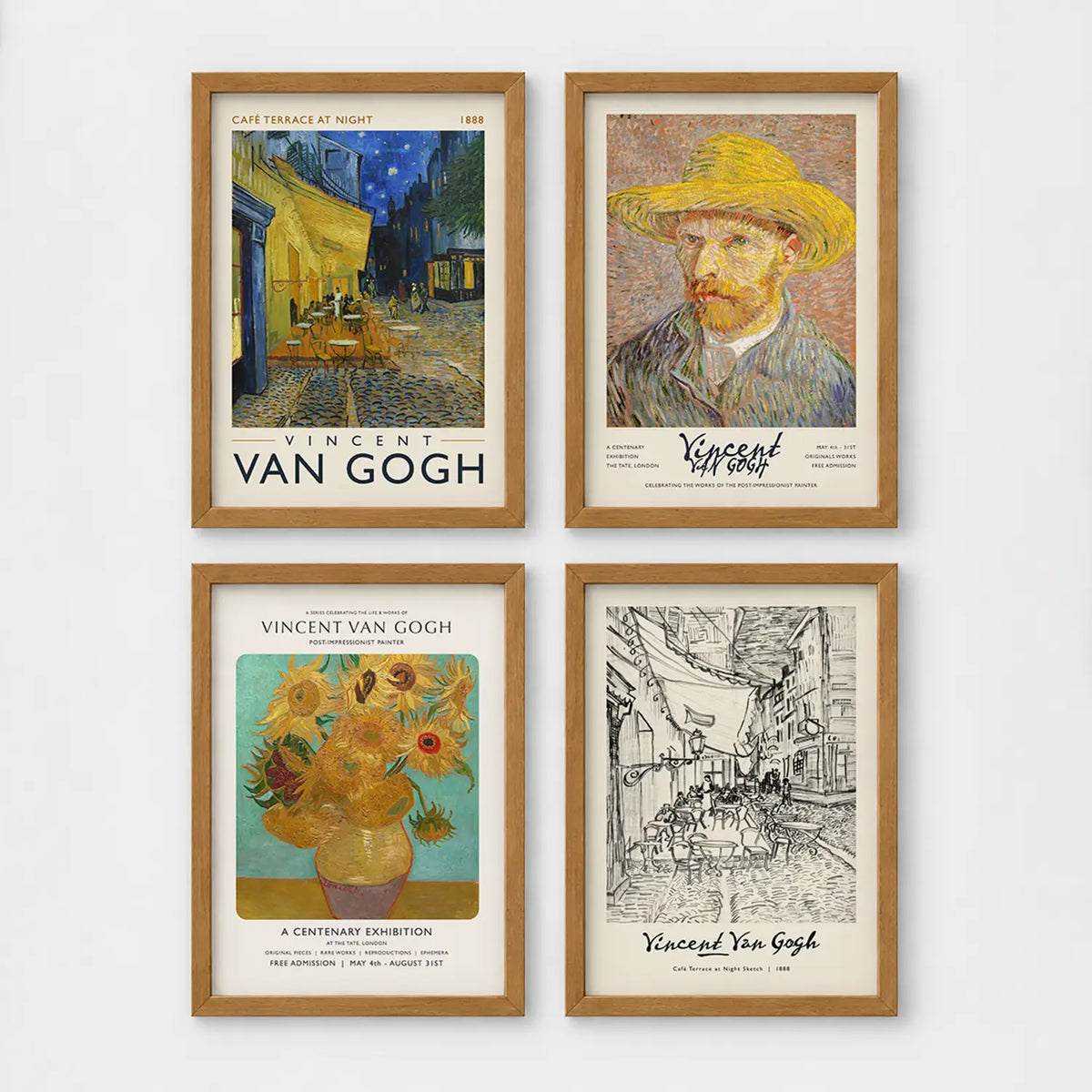 Set of 4 framed prints, Vincent van Gogh painting reproductions — unframed