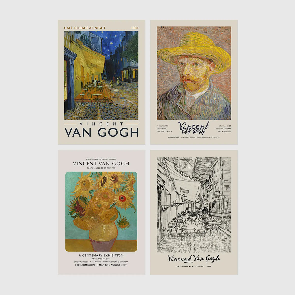Set of 4 framed prints, Vincent van Gogh painting reproductions — unframed
