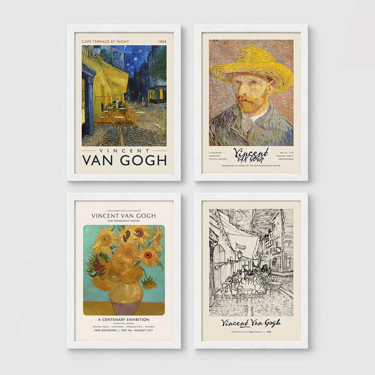 Set of 4 framed prints, Vincent van Gogh painting reproductions — unframed