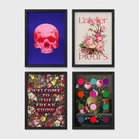 Set of 4 framed prints, classical portraits with playful modern alterations: a classical portrait wearing round pink Elton John-style glasses; a vanitas still life with a skull and roses; a classical portrait with "Shake It Off" gold text; and a classical portrait with "Don't Threaten Me With A Good Time" gold text — unframed