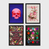 Set of 4 framed prints, classical portraits with playful modern alterations: a classical portrait wearing round pink Elton John-style glasses; a vanitas still life with a skull and roses; a classical portrait with "Shake It Off" gold text; and a classical portrait with "Don't Threaten Me With A Good Time" gold text — unframed