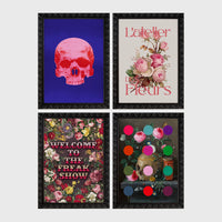Set of 4 framed prints, classical portraits with playful modern alterations: a classical portrait wearing round pink Elton John-style glasses; a vanitas still life with a skull and roses; a classical portrait with "Shake It Off" gold text; and a classical portrait with "Don't Threaten Me With A Good Time" gold text — unframed