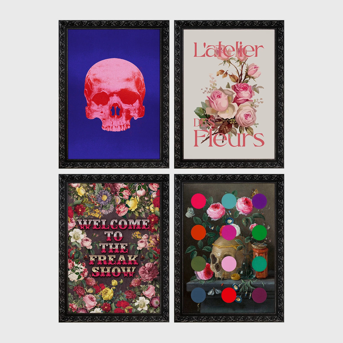 Set of 4 framed prints, classical portraits with playful modern alterations: a classical portrait wearing round pink Elton John-style glasses; a vanitas still life with a skull and roses; a classical portrait with "Shake It Off" gold text; and a classical portrait with "Don't Threaten Me With A Good Time" gold text — unframed