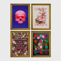 Set of 4 framed prints, classical portraits with playful modern alterations: a classical portrait wearing round pink Elton John-style glasses; a vanitas still life with a skull and roses; a classical portrait with "Shake It Off" gold text; and a classical portrait with "Don't Threaten Me With A Good Time" gold text — unframed
