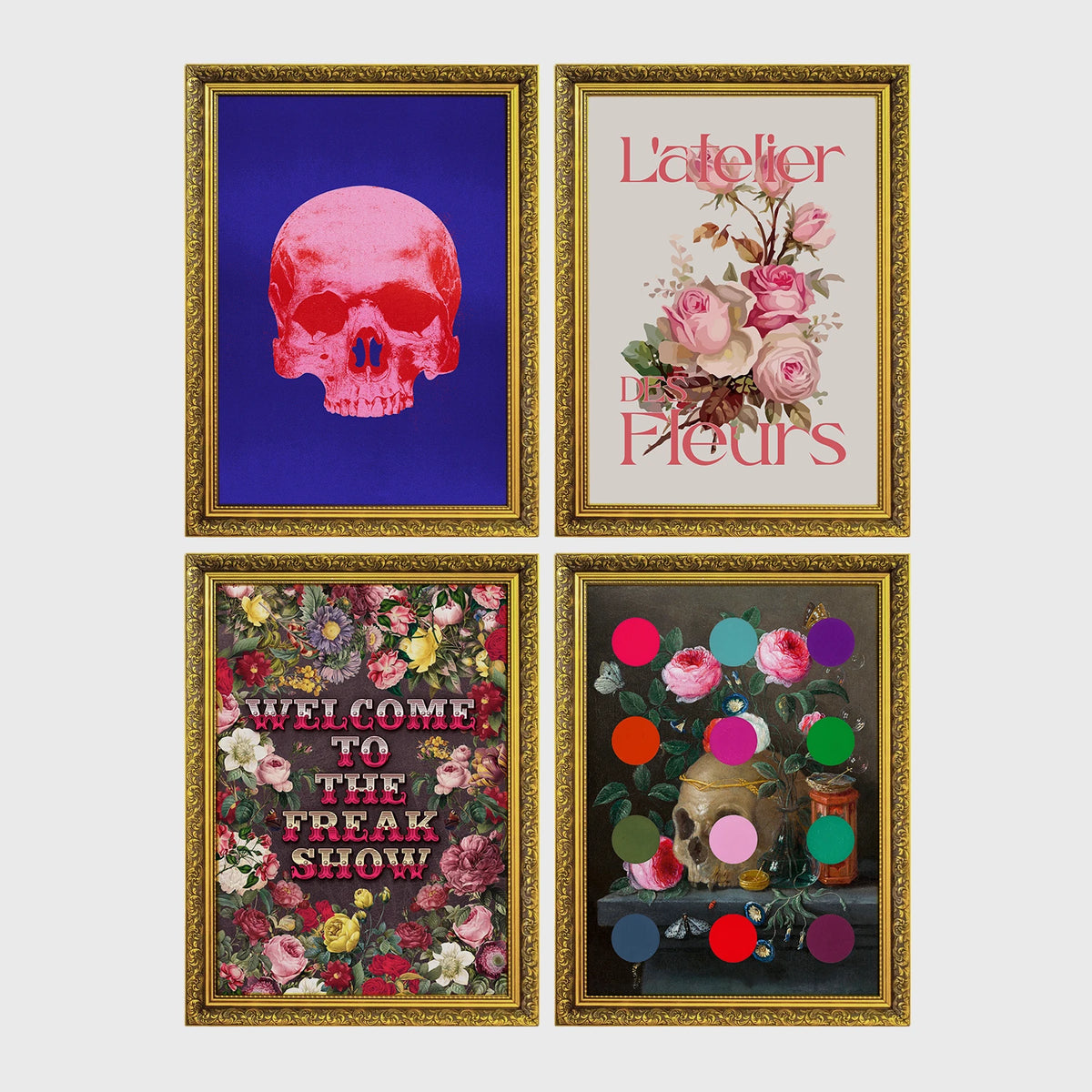 Set of 4 framed prints, classical portraits with playful modern alterations: a classical portrait wearing round pink Elton John-style glasses; a vanitas still life with a skull and roses; a classical portrait with "Shake It Off" gold text; and a classical portrait with "Don't Threaten Me With A Good Time" gold text — unframed