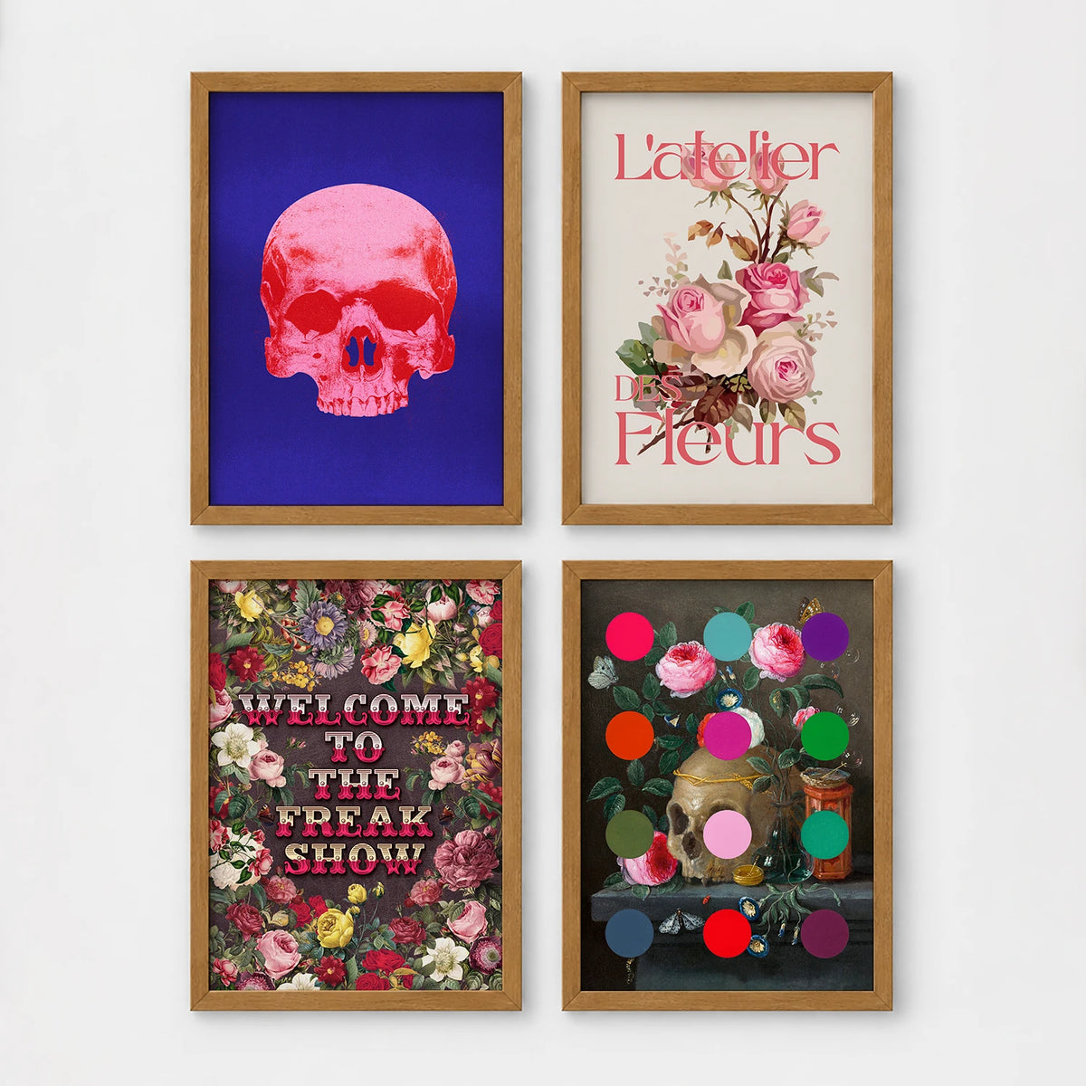 Set of 4 framed prints, classical portraits with playful modern alterations: a classical portrait wearing round pink Elton John-style glasses; a vanitas still life with a skull and roses; a classical portrait with "Shake It Off" gold text; and a classical portrait with "Don't Threaten Me With A Good Time" gold text — unframed