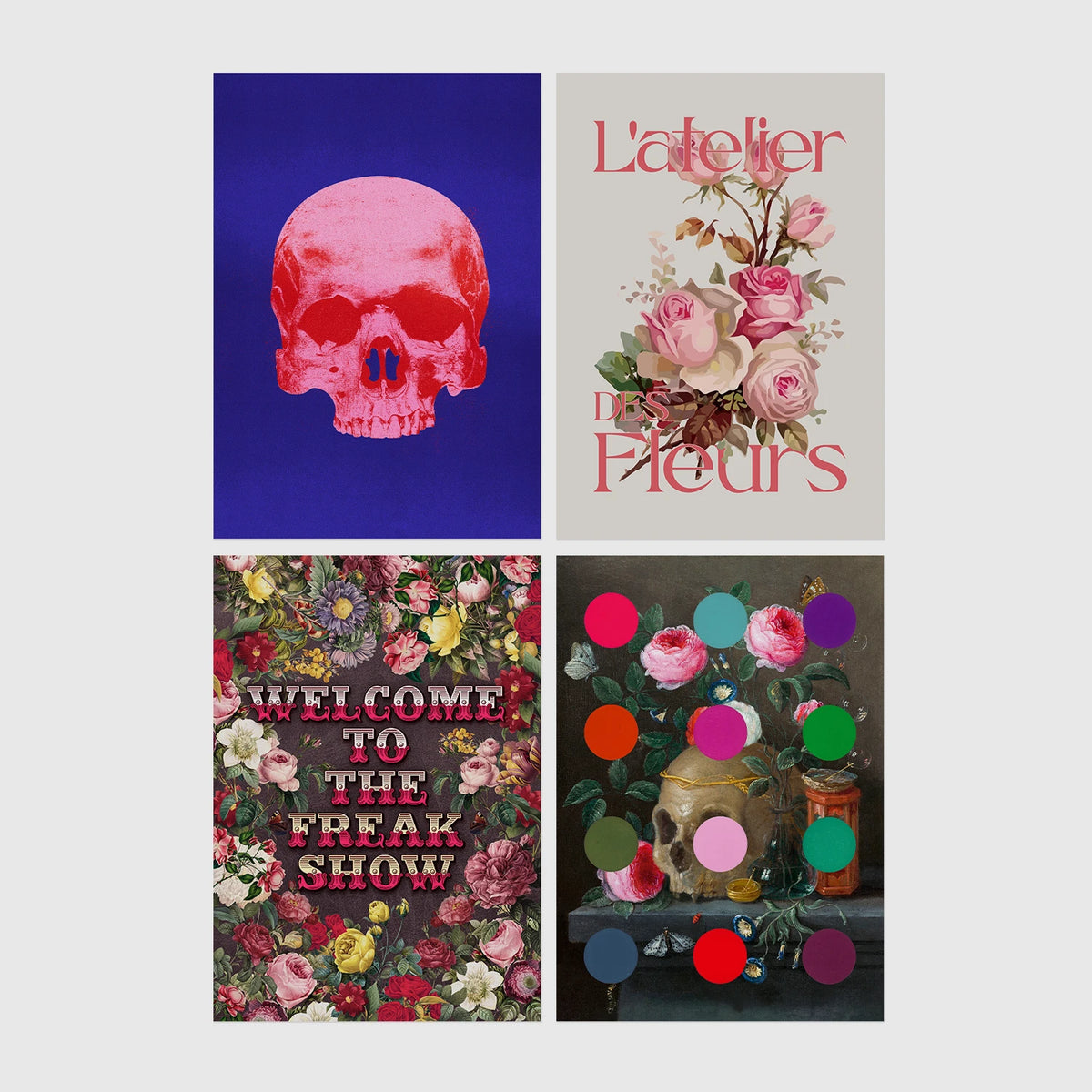Set of 4 framed prints, classical portraits with playful modern alterations: a classical portrait wearing round pink Elton John-style glasses; a vanitas still life with a skull and roses; a classical portrait with "Shake It Off" gold text; and a classical portrait with "Don't Threaten Me With A Good Time" gold text — unframed