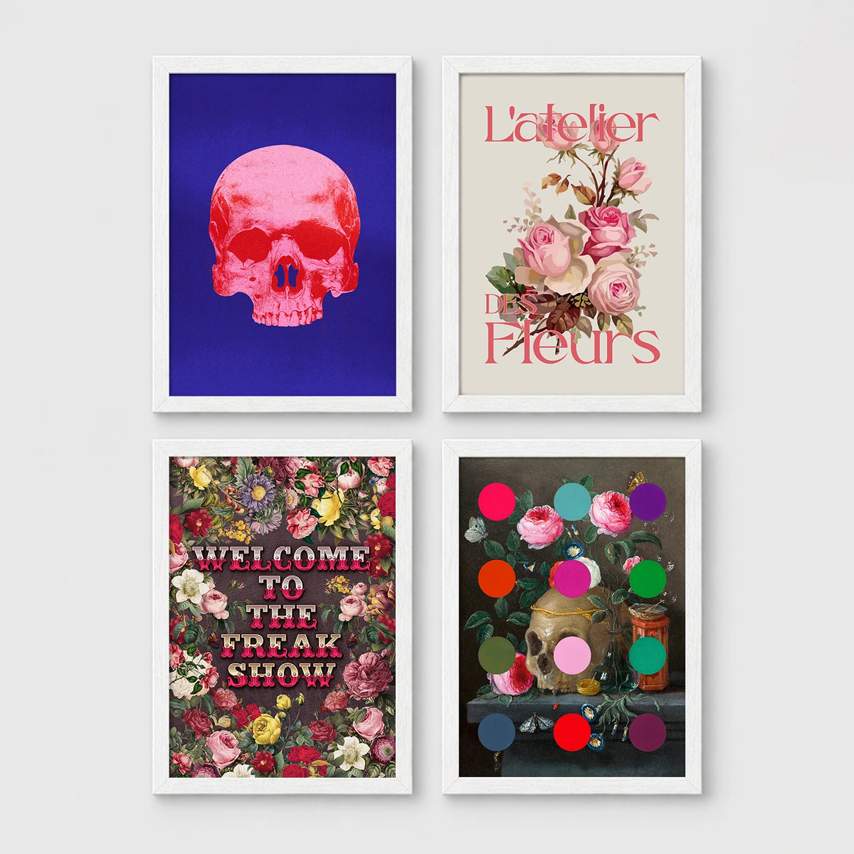 Set of 4 framed prints, classical portraits with playful modern alterations: a classical portrait wearing round pink Elton John-style glasses; a vanitas still life with a skull and roses; a classical portrait with "Shake It Off" gold text; and a classical portrait with "Don't Threaten Me With A Good Time" gold text — unframed