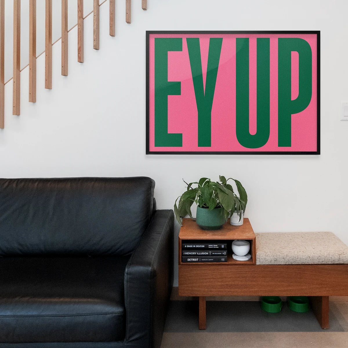 Ey Up typography print on a home office wall, landscape format