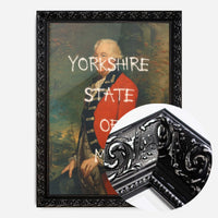 graffiti military portrait print in a black ornate frame, side profile