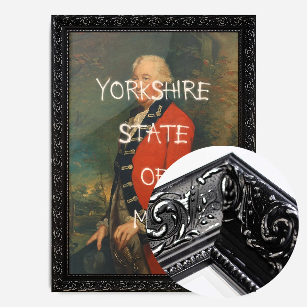 graffiti military portrait print in a black ornate frame, side profile
