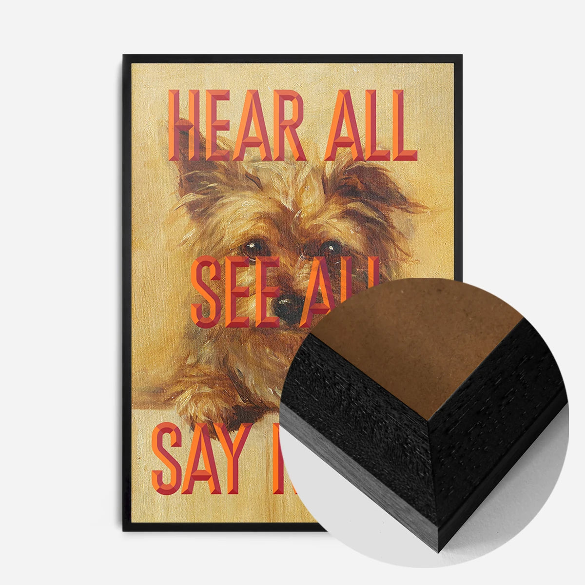 terrier typography quote print in a black wood frame, side profile