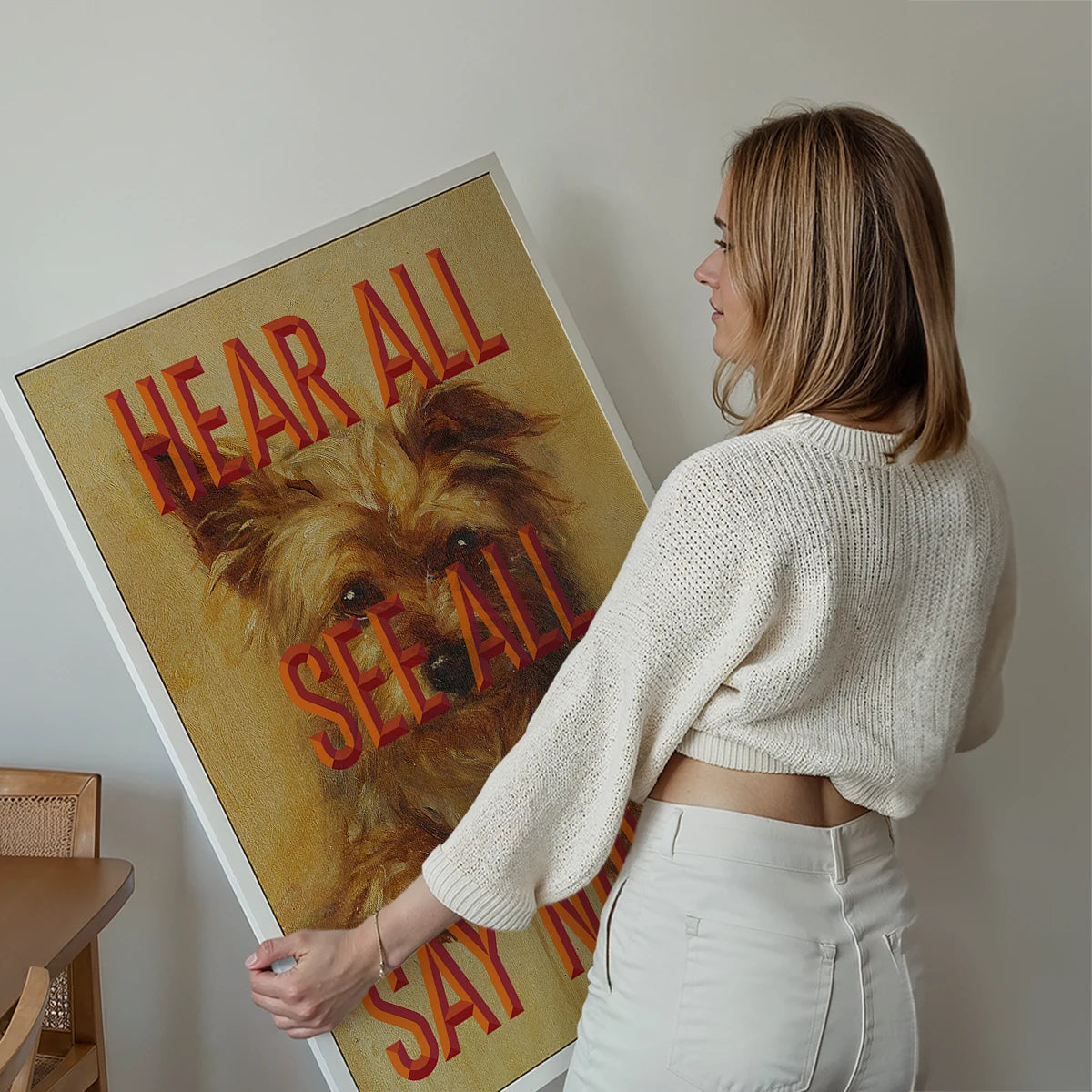 Say Nowt print, a funny terrier typography quote, displayed on a living room wall