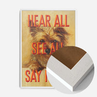 terrier typography quote print in a white wood frame, side profile