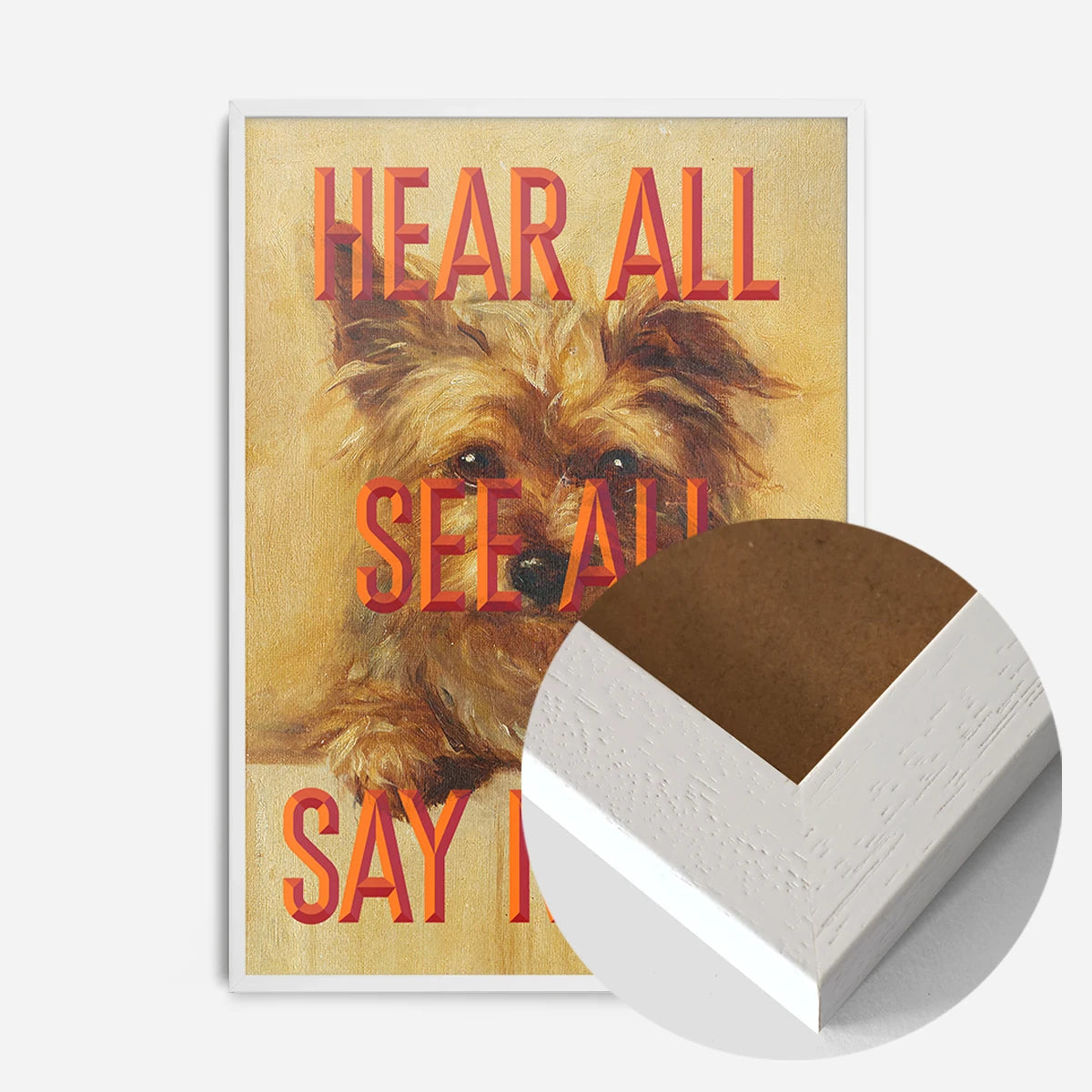terrier typography quote print in a white wood frame, side profile